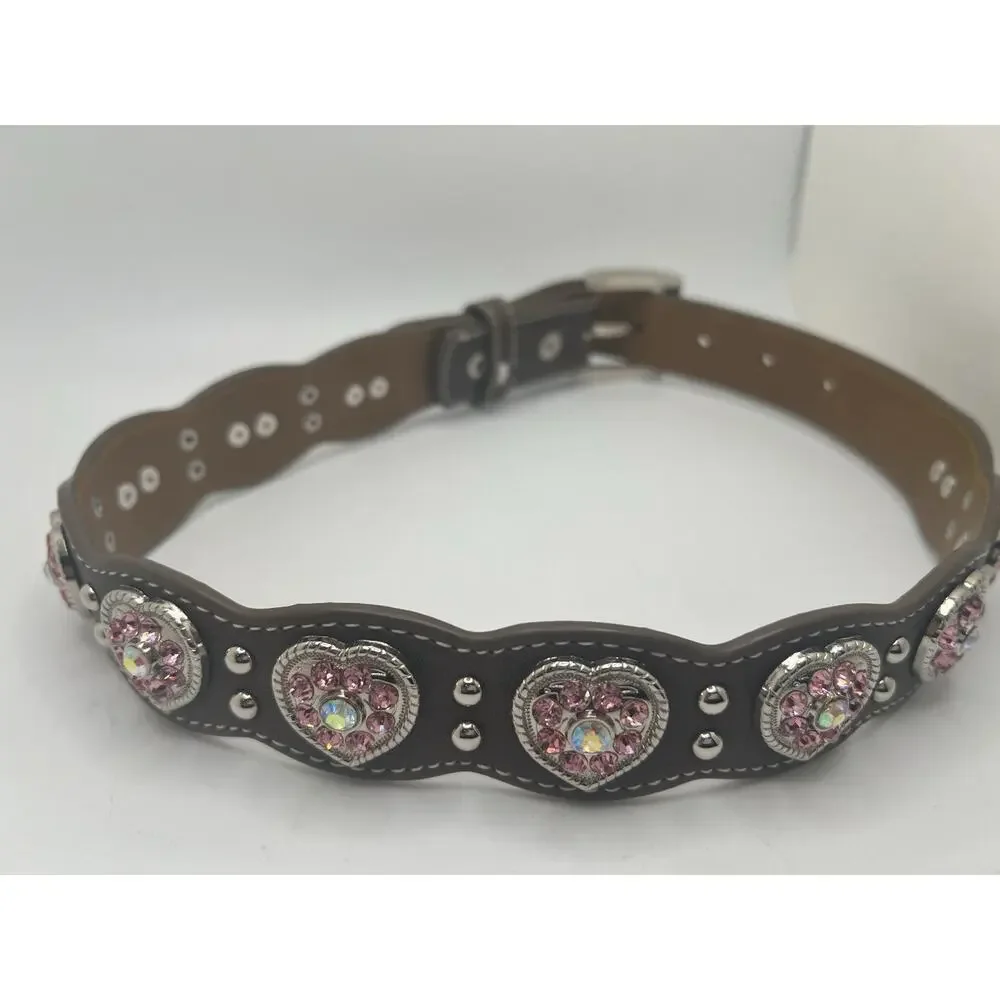 Nocona Girls Pink Rhinestone Hearts Western Belt Buckle Pink Brown Sz-24
